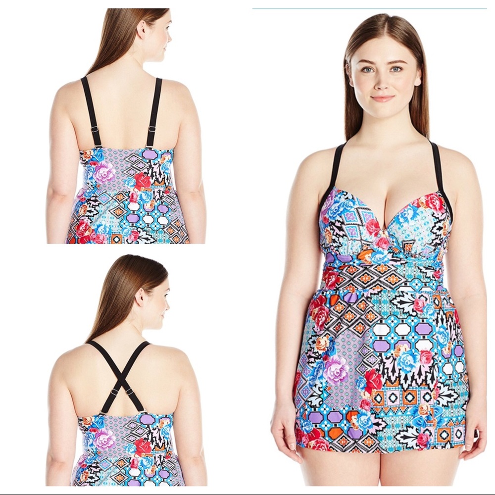 18w real bra slimming swim dress floral geometric